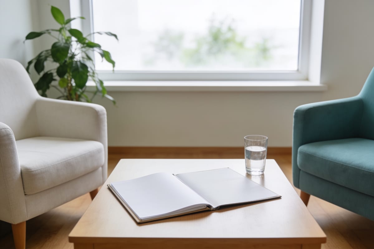 Помощь при подростковом алкоголизме: кабинет для разговора с семьёй, папка и стакан воды